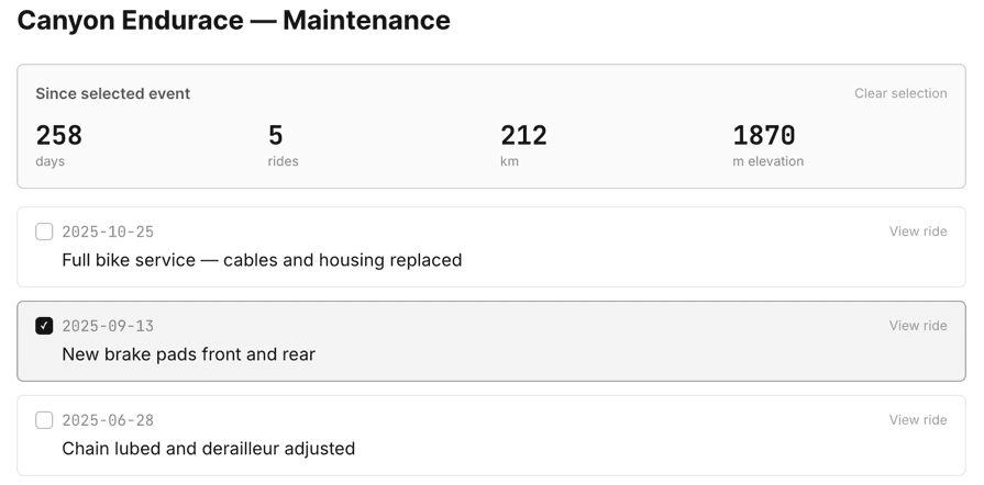 Radlog bike maintenance history view